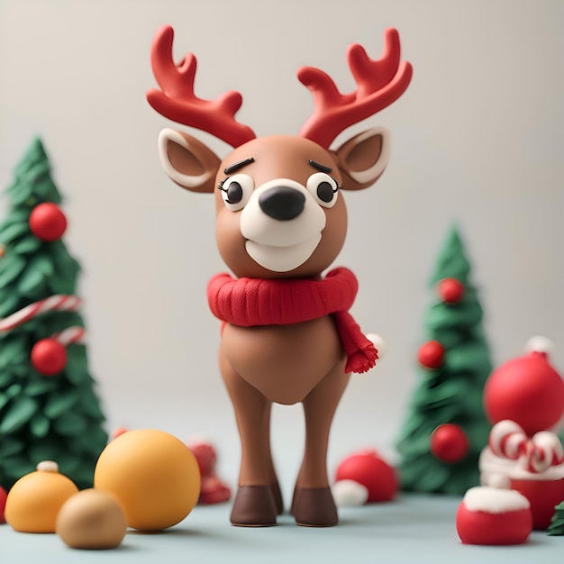 Free photo christmas reindeer toy and christmas tree 3d rendering