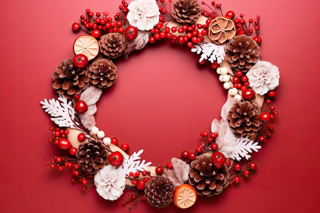 Free photo christmas round frame made of natural winter things on red background flat lay copy space