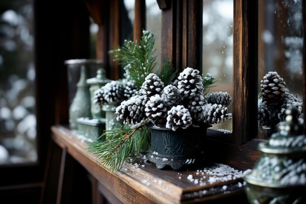 Foto gratuita scena natalizia con ghirlande di pino spolverate di neve finta e glitter