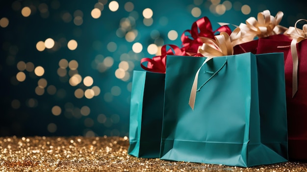 無料写真 色とりどりのバッグと輝く装飾品を備えたクリスマスショッピングディスプレイ