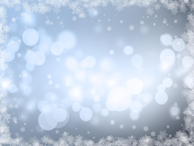 Foto gratuita sfondo di natale argento con luci bokeh e bordo fiocco di neve