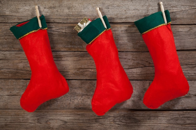 Christmas socks hanging from a rope