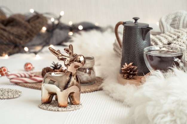 Christmas still life background with festive decor, in a cozy home atmosphere. concept of celebrating Christmas.
