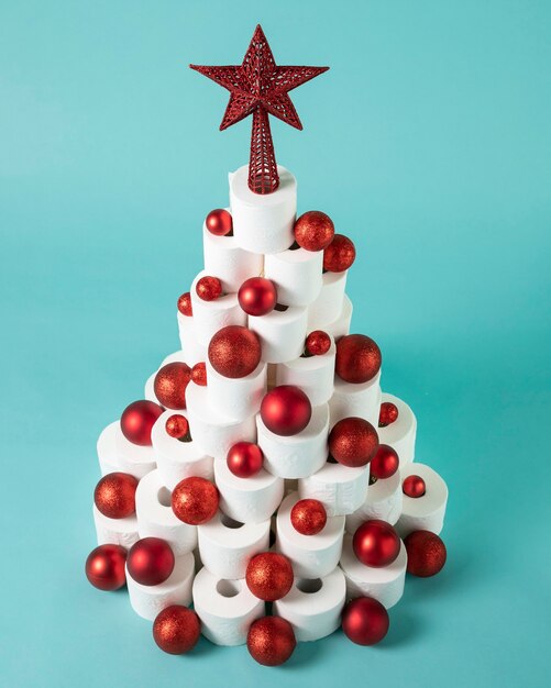 Christmas toilet paper tree with red christmas balls