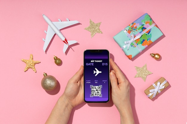 Christmas travel concept with phone