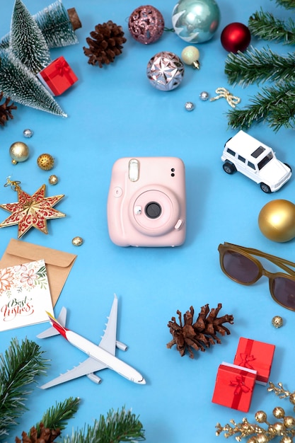 Christmas travel concept with polaroid