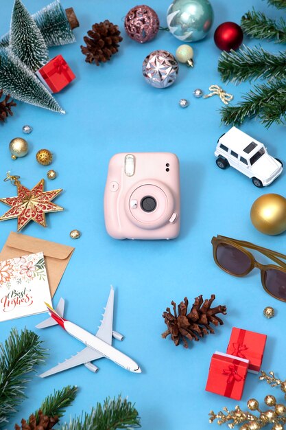Christmas travel concept with polaroid