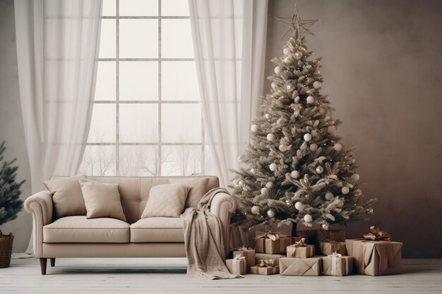 Christmas tree and couch in living room