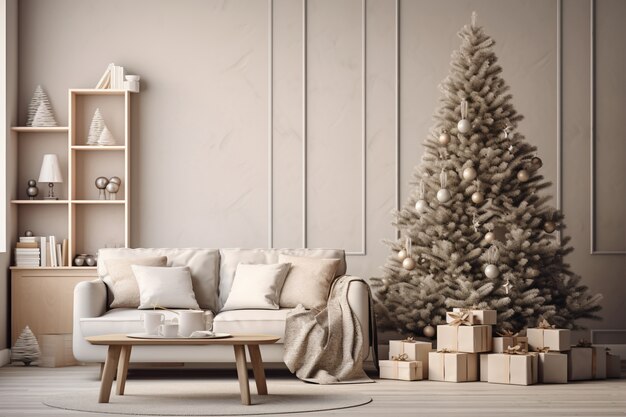 Free photo christmas tree and couch in living room