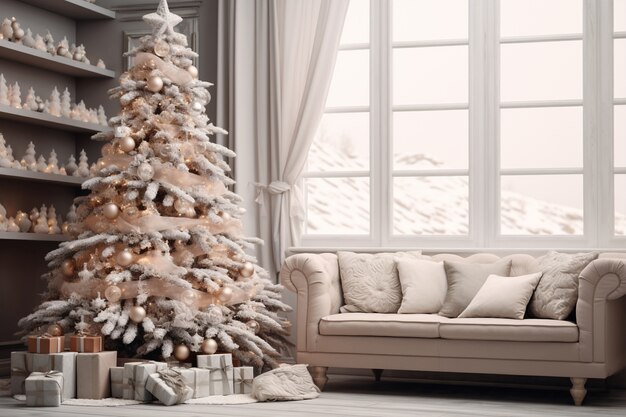 クリスマス ツリーとリビング ルームのソファ