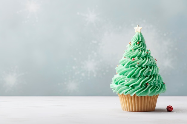 Christmas tree cupcakes on green background