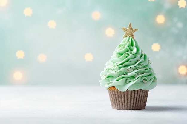 緑の背景にクリスマス ツリーのカップケーキ