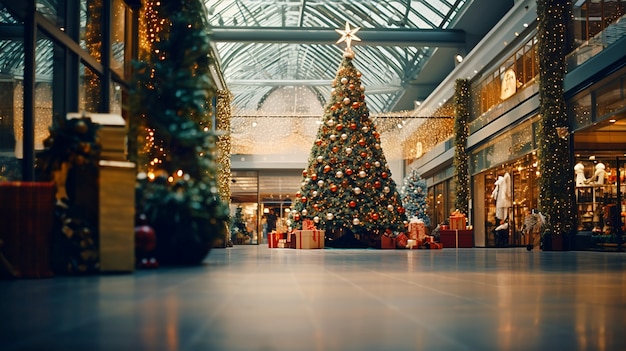 Christmas tree decorated with ornaments in a public space