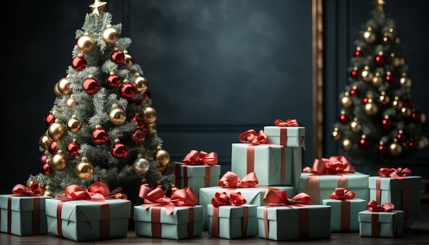 인공지능이 만들어낸 반짝이는 장식품과 빛나는 불빛으로 장식된 크리스마스 트리