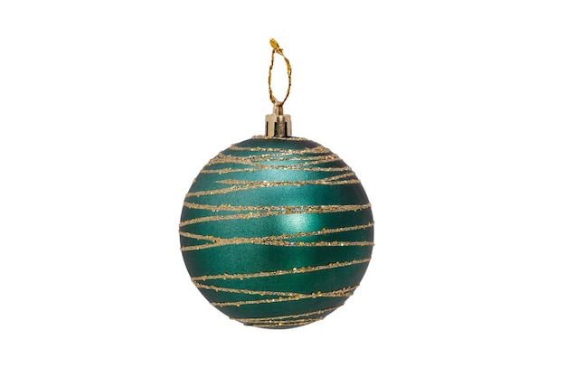 白い背景で隔離の金色の縞模様のクリスマスツリーの装飾の緑のボール。高品質の写真