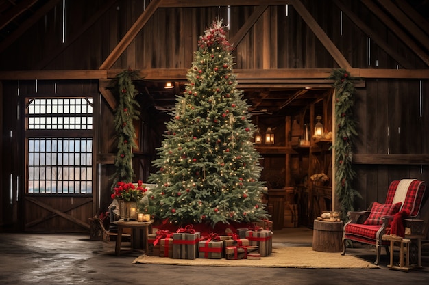 Foto gratuita albero di natale nel fienile dell'azienda agricola