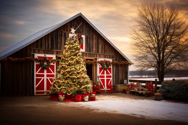 納屋の前のクリスマスツリー