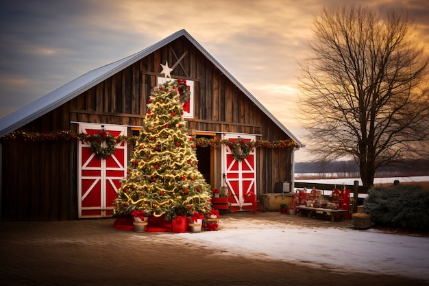 Christmas tree in front of barn