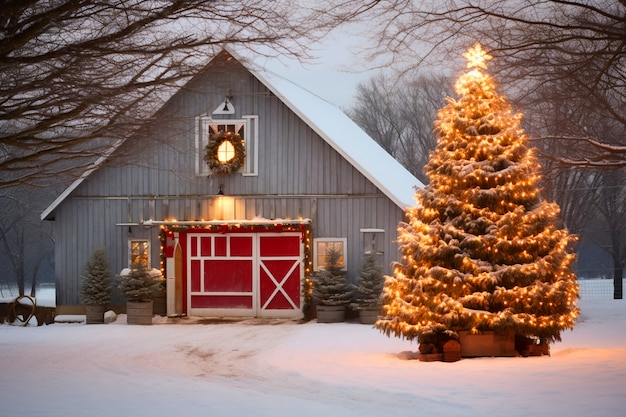 Free photo christmas tree in front of barn