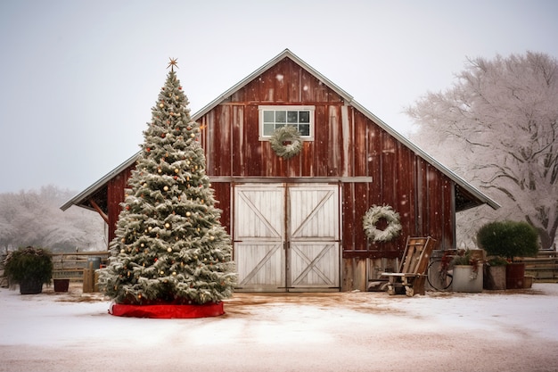 Free photo christmas tree in front of barn