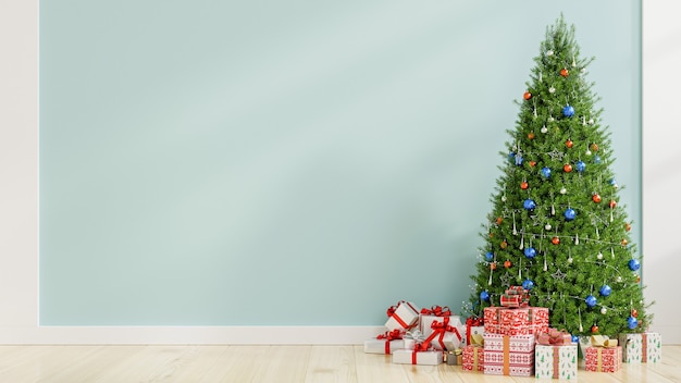 空の水色の壁のリビングルームのクリスマスツリー。3dレンダリング 無料写真
