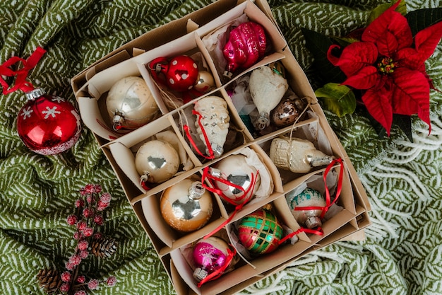 Christmas tree ornaments in a box