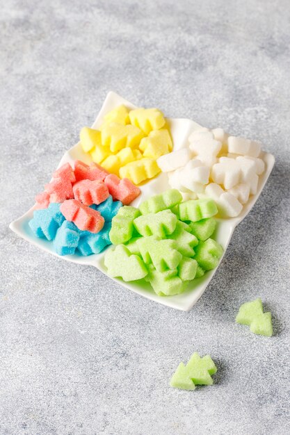 Christmas tree shaped colorful sugars.