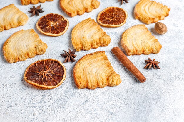 Christmas tree shaped puff pastry cookies.