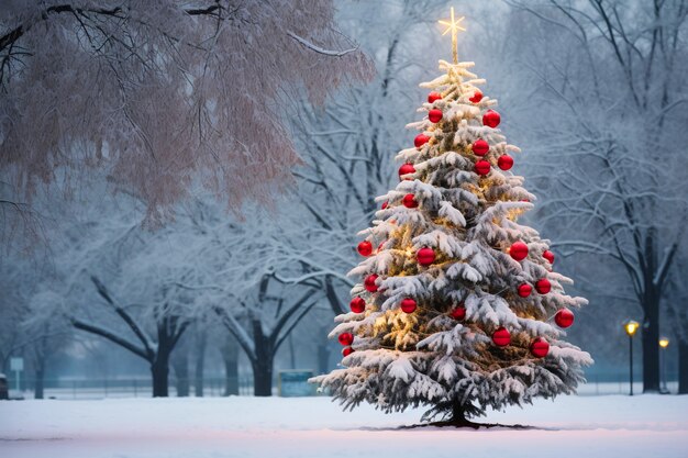 雪に覆われた公園のクリスマス ツリー