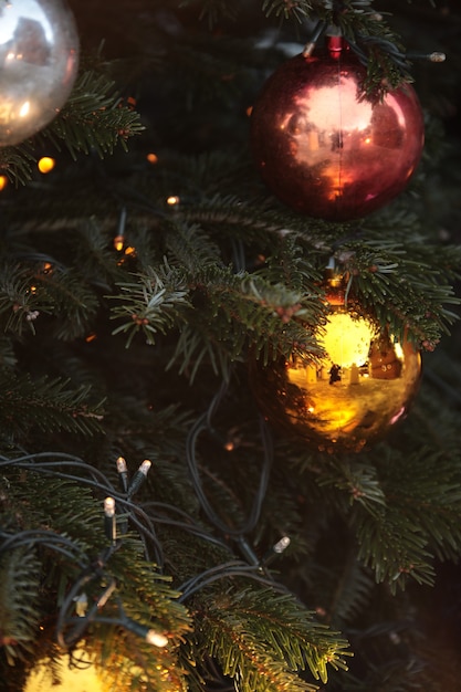 Christmas tree with beautiful decorative balls and lights