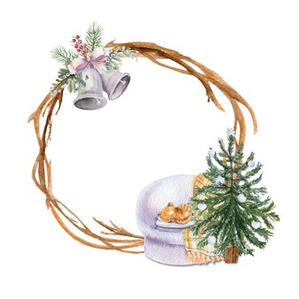 겨울 장식이 있는 크리스마스 수채색 프레임 - 새끼 고양이가 있는 의자와 크리스마스 장식 크리스마스 트리, 전나무 가지, 활이 있는 종, 딸기