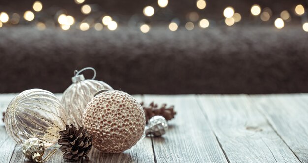 Christmas winter background with balls for a tree copy space.