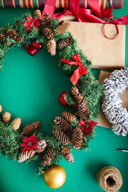 Christmas wreath and gifts top view