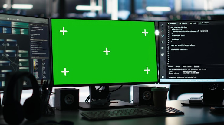 Free Photo chroma key displays in server farm displaying node tree programming tool