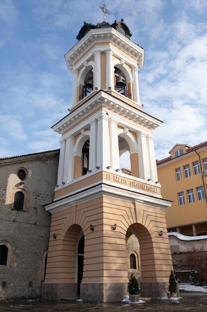 Church in Bulgaria outside church bell view