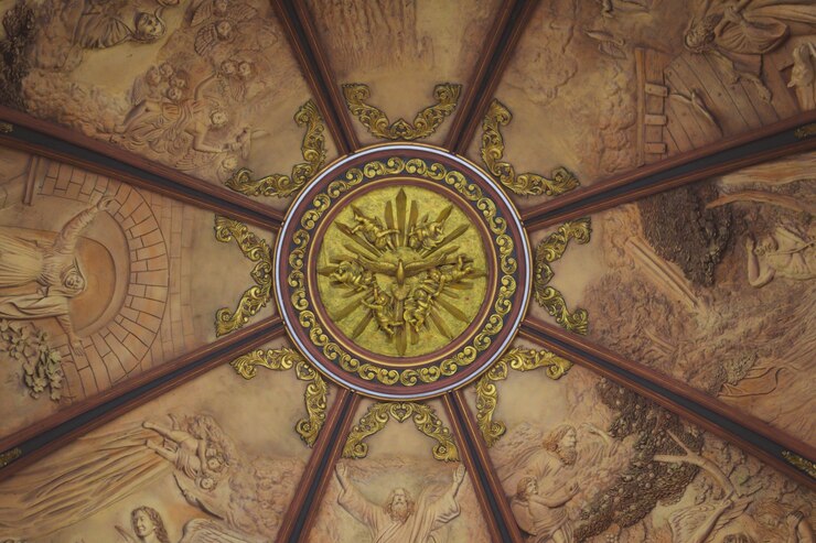 Church dome interior gold painted dove with paintings all around