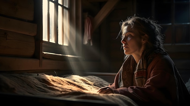 Free photo cinamatic shot of a woman on old hut in switzerland