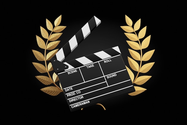 Cinema award concept. movie slate clapper board with gold laurel wreath winner award on a black background. 3d rendering