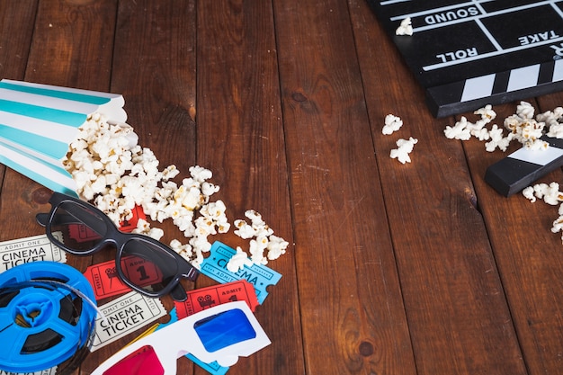 Cinema stuff on wooden tabletop