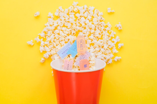 Cinema tickets in popcorn bucket