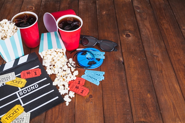 Cinema visit stuff on wooden tabletop