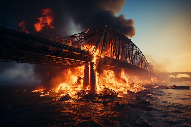 Cinematic black smoke bridge explosion