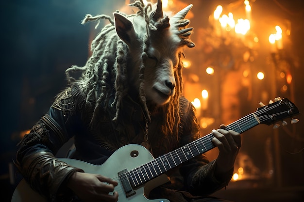 Free photo cinematic concept goat head guitar player