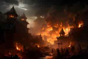Бесплатное фото Кинематографические разрушенные горящие городские обои