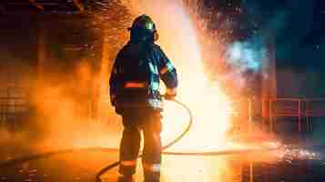 Бесплатное фото Кинематографический пожарный, использующий воду и огнетушитель для борьбы с огнем, носящий костюм для безопасности