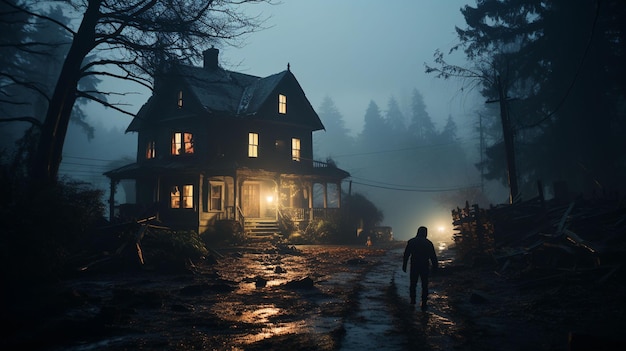 Free photo cinematic forest house at night background