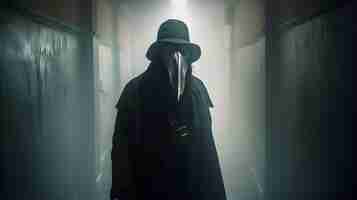 Free photo cinematic plague doctor in long hallway background