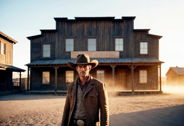 Foto gratuita ritratto cinematografico di un cowboy americano nell'ovest con un cappello