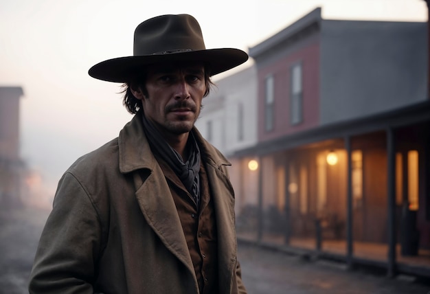 Foto gratuita cinematic portrait of american cowboy in the west with hat