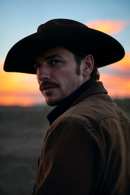 Cinematic portrait of american cowboy in the west with hat